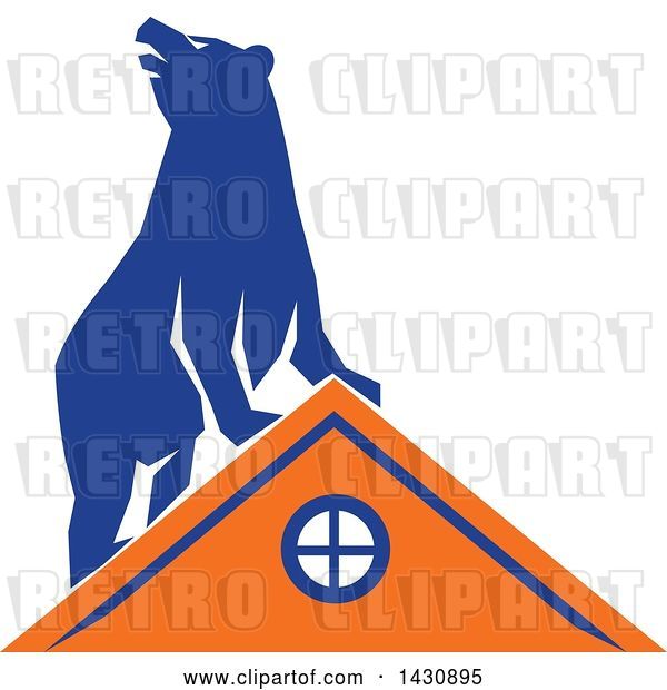 Vector Clip Art of Retro Blue Bear on Top of an Orange House