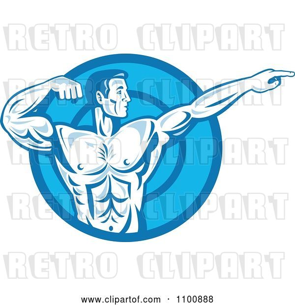 Vector Clip Art of Retro Blue Bodybuilder Flexing and Pointing over a Blue Circle