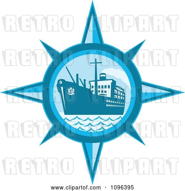 Vector Clip Art of Retro Blue Cargo Ship or Ocean Liner Inside a Compass