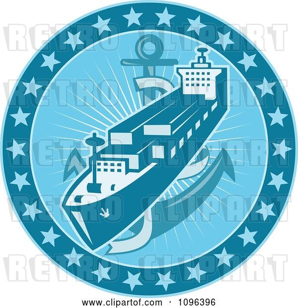 Vector Clip Art of Retro Blue Cargo Ship or Ocean Liner with an Anchor and Stars
