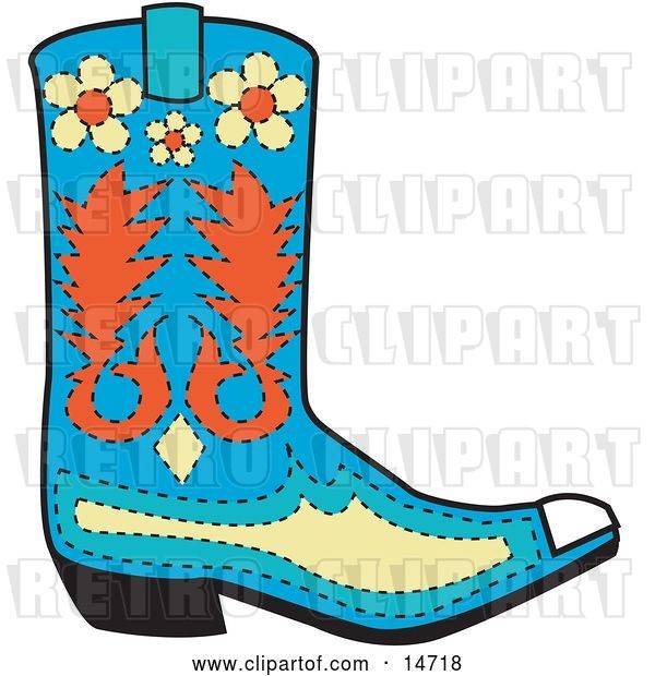 Vector Clip Art of Retro Blue Cowboy Boot with Orange and Yellow Floral Shapes