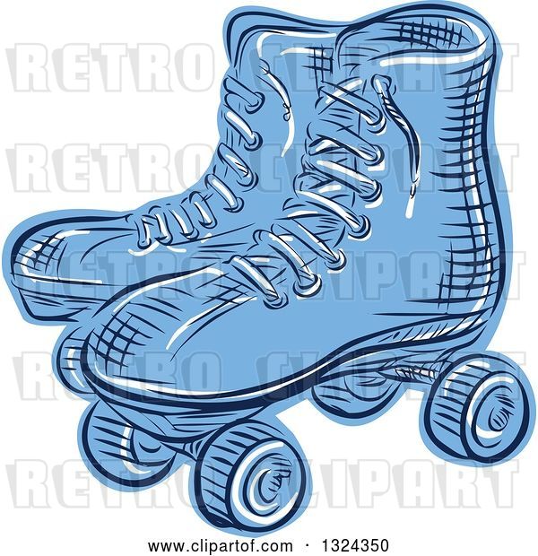 Vector Clip Art of Retro Blue Engraved or Sketched Pair of Roller Skates