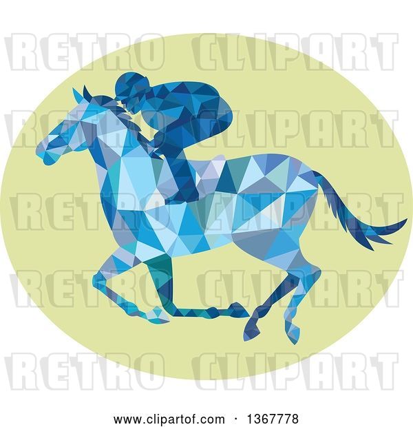 Vector Clip Art of Retro Blue Geometric Low Poly Horse Racing Jockey in a Green Oval