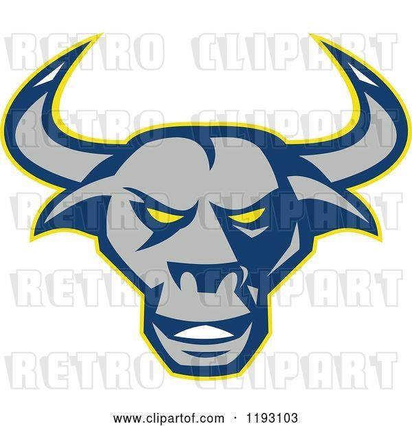 Vector Clip Art of Retro Blue Gray and Yellow Texas Longhorn Bull Head