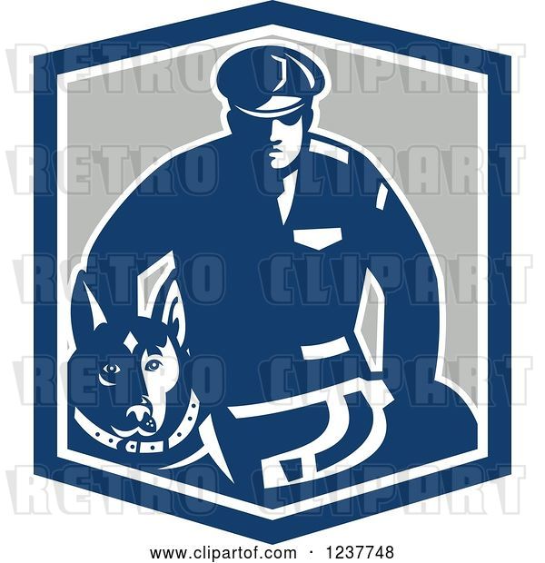 Vector Clip Art of Retro Blue Guard Dog and Security Officer in a Shield