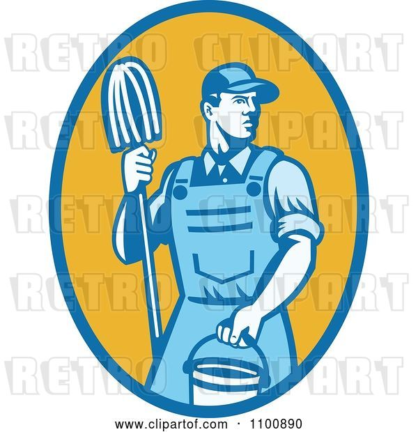 Vector Clip Art of Retro Blue Janitor Holding a Mop and Bucket over a Yellow Oval
