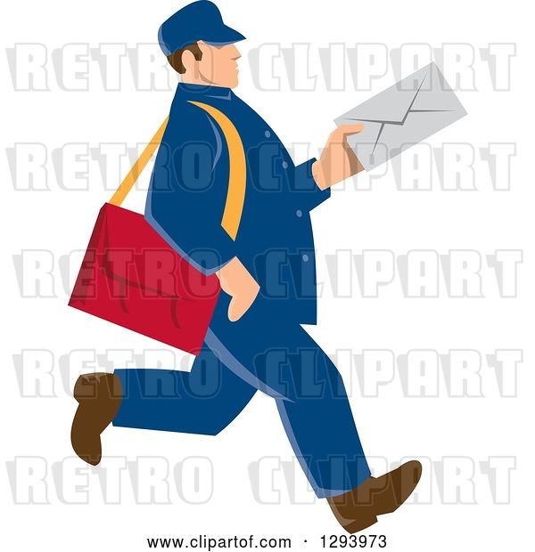 Vector Clip Art of Retro Blue Mailman Holding an Envelope and Walking