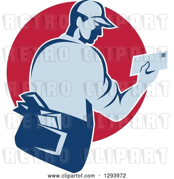 Vector Clip Art of Retro Blue Mailman Holding an Envelope in a Red Circle