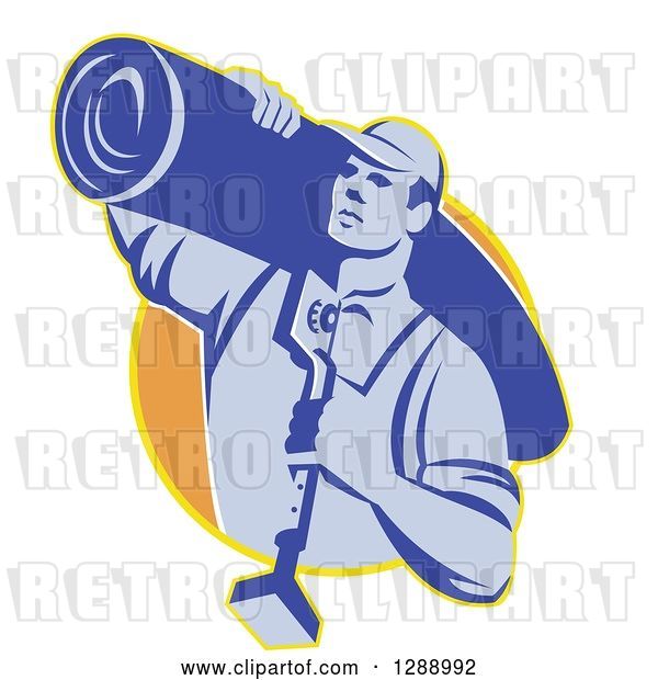 Vector Clip Art of Retro Blue Male Carpet Layer Carrying a Roll and Knee Kicker Tool in a Yellow and Orange Circle