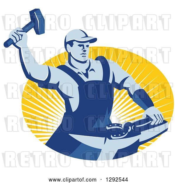 Vector Clip Art of Retro Blue Male Farrier Hammering a Horseshoe in an Oval of Yellow Sunshine