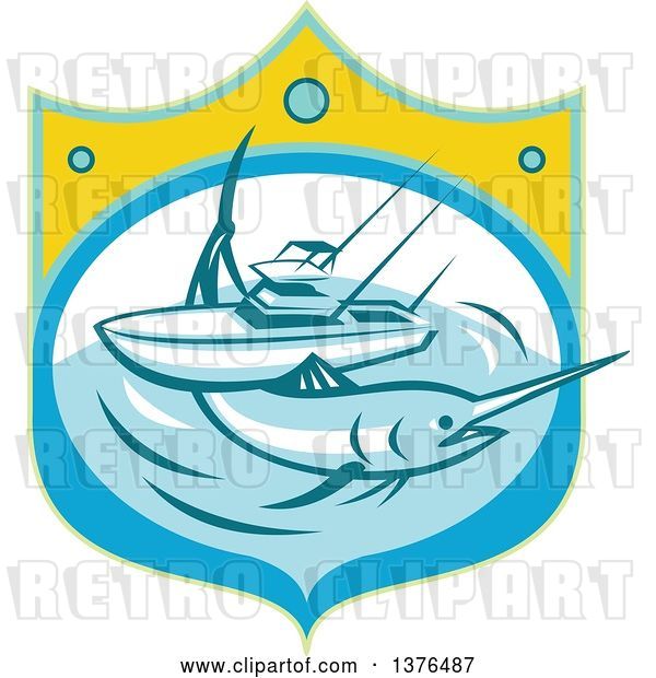 Vector Clip Art of Retro Blue Marlin Fish and Charter Boat at Sea in a Shield