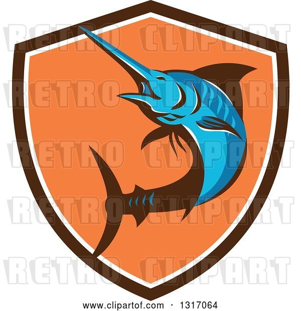 Vector Clip Art of Retro Blue Marlin Fish in a Brown White and Orange Shield