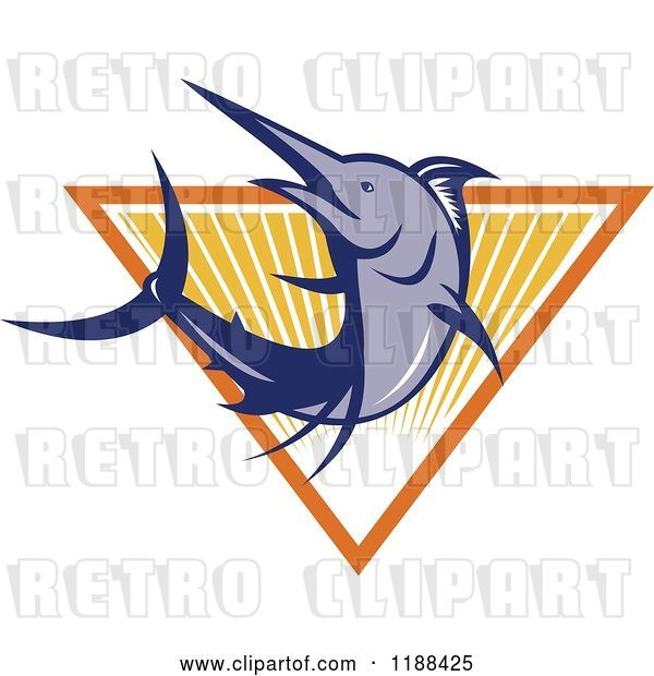 Vector Clip Art of Retro Blue Marlin Fish Leaping over a Triangle of Rays