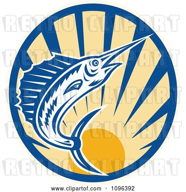 Vector Clip Art of Retro Blue Marlin Leaping over a Circle of Rays