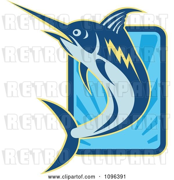 Vector Clip Art of Retro Blue Marlin Leaping over a Rectangle of Blue Rays
