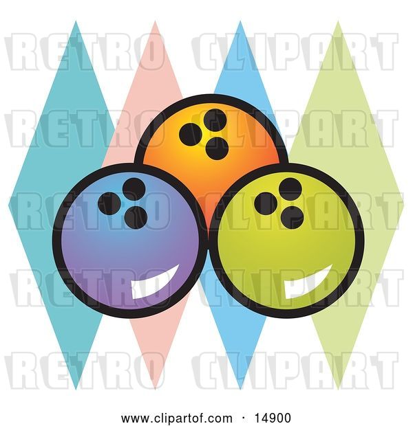 Vector Clip Art of Retro Blue, Orange and Green Bowling Balls over Colorful Diamonds