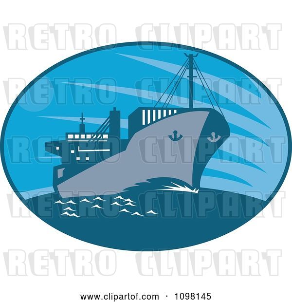 Vector Clip Art of Retro Blue Oval with a Cargo Ship