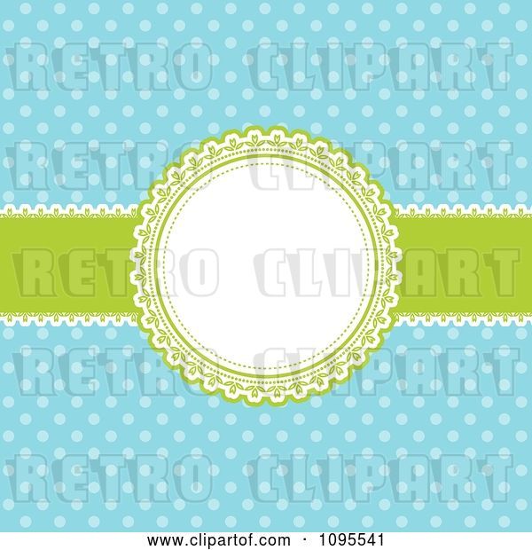 Vector Clip Art of Retro Blue Polka Dot Background with a Green and White Round Frame and Ribbon