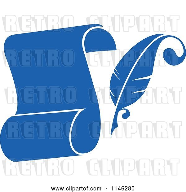 Vector Clip Art of Retro Blue Quil Pen and Scroll 1