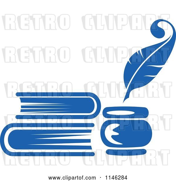 Vector Clip Art of Retro Blue Quill Pen Inkwell and Books