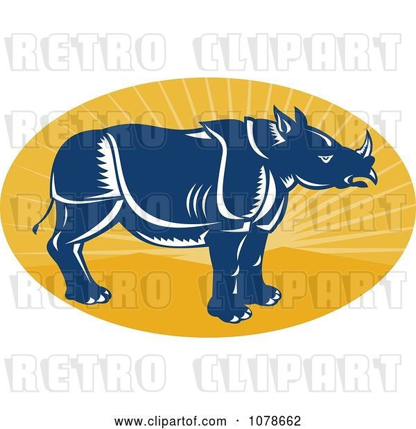 Vector Clip Art of Retro Blue Rhino Profile on a Yellow Ray Oval Logo