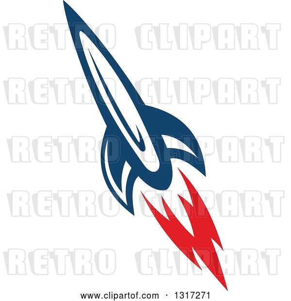 Vector Clip Art of Retro Blue Rocket with Red Flames 10