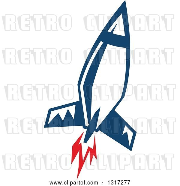 Vector Clip Art of Retro Blue Rocket with Red Flames 14