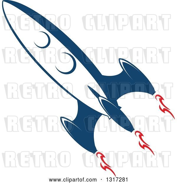 Vector Clip Art of Retro Blue Rocket with Red Flames 16
