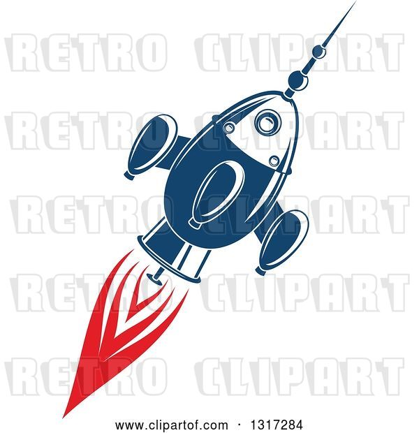 Vector Clip Art of Retro Blue Rocket with Red Flames 3