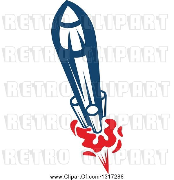 Vector Clip Art of Retro Blue Rocket with Red Flames 5