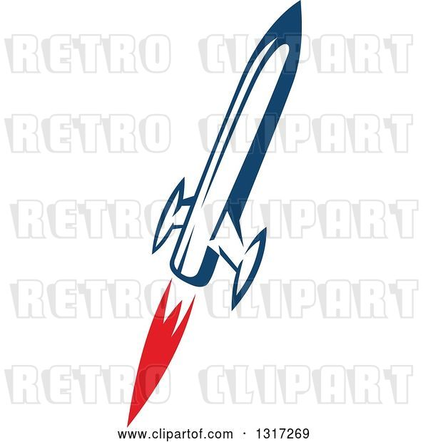 Vector Clip Art of Retro Blue Rocket with Red Flames 8