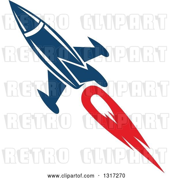 Vector Clip Art of Retro Blue Rocket with Red Flames 9