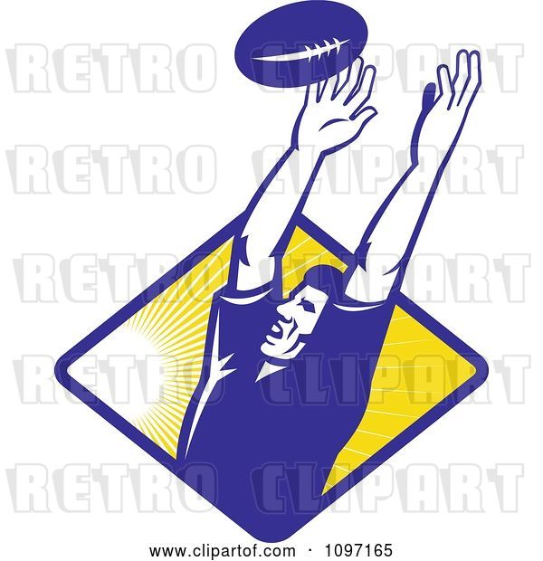 Vector Clip Art of Retro Blue Rugby Player Catching a Line-Out Ball over a Ray Diamond