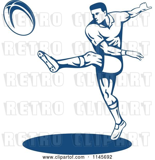 Vector Clip Art of Retro Blue Rugby Player Kicking