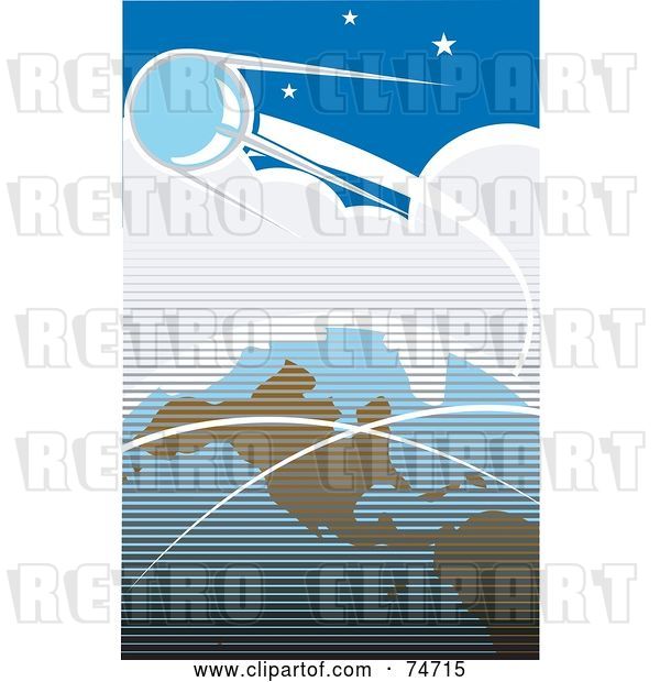 Vector Clip Art of Retro Blue Scene of Sputnik Orbiting Around Earth