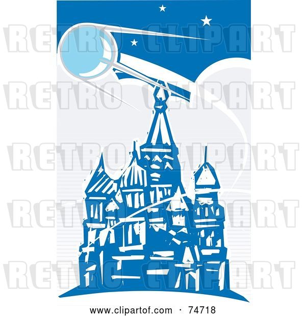 Vector Clip Art of Retro Blue Scene of Sputnik Passing over the Red Square, Style