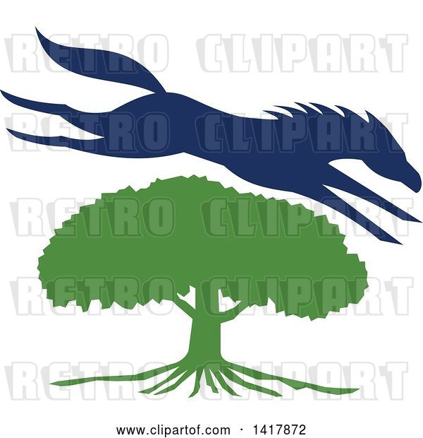Vector Clip Art of Retro Blue Silhouetted Horse Leaping over a Green Oak Tree
