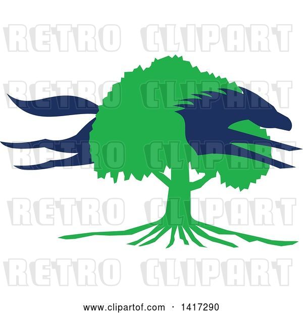 Vector Clip Art of Retro Blue Silhouetted Horse Leaping Through a Green Oak Tree