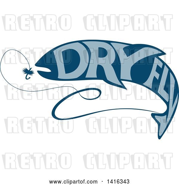 Vector Clip Art of Retro Blue Silhouetted Trout Fish with Dry Fly Text, Catching Bait