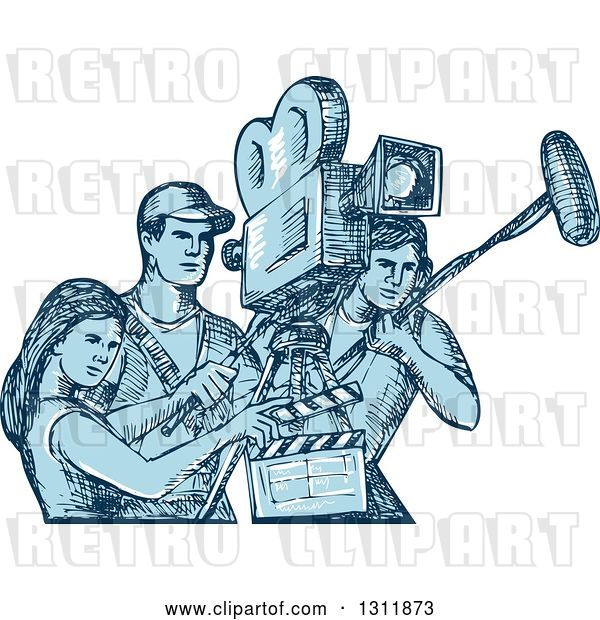 Vector Clip Art of Retro Blue Sketch of Film Crew Clapper Board, Sound Guy and Camera Guy Workers