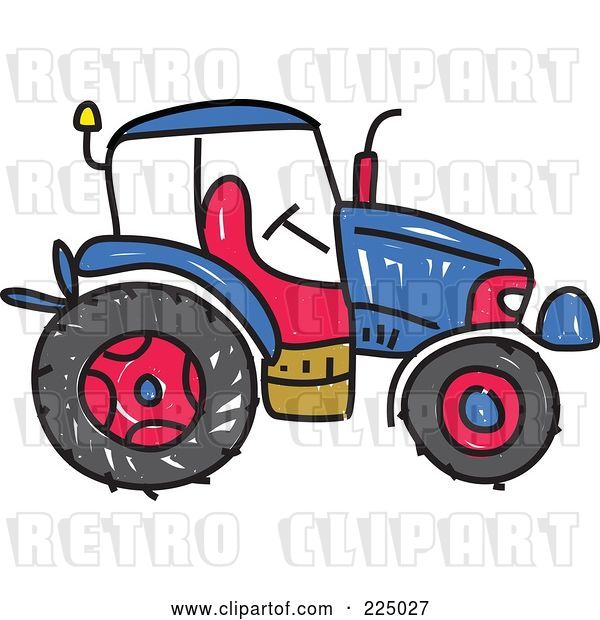 Vector Clip Art of Retro Blue Sketched Tractor