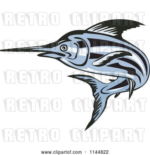 Vector Clip Art of Retro Blue Swordfish Leaping 2