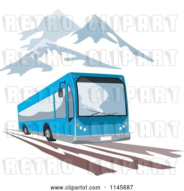 Vector Clip Art of Retro Blue Tourist Bus in Mountains