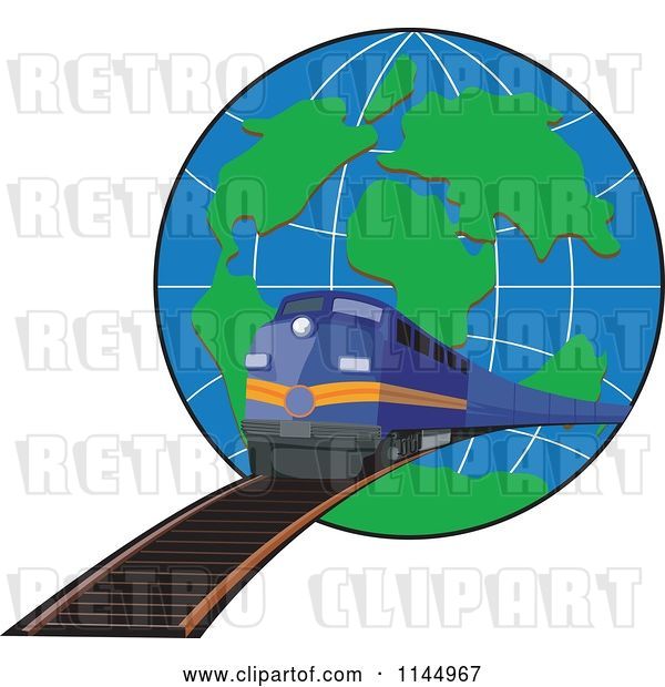 Vector Clip Art of Retro Blue Train Emerging from a Globe