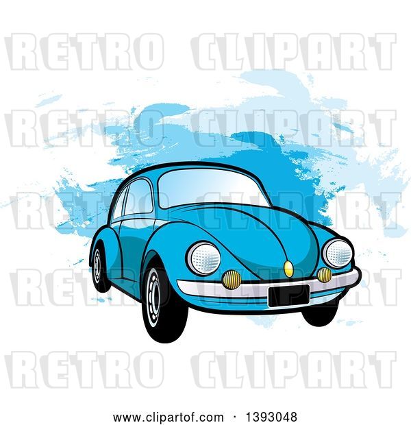Vector Clip Art of Retro Blue VW Slug Bug Car over Blue Paint Strokes