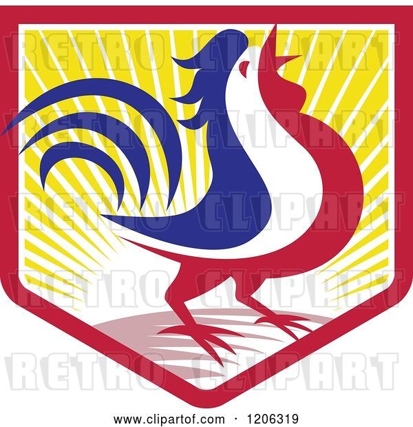 Vector Clip Art of Retro Blue White and Red Crowing Rooster in a Crest Shield of Sunshine