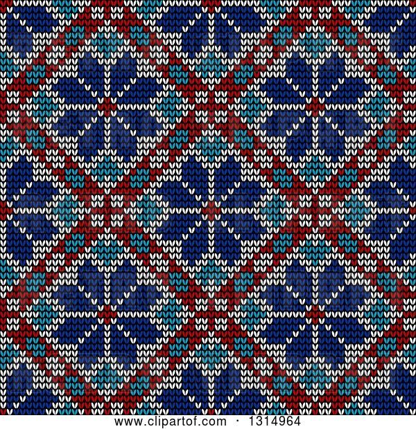 Vector Clip Art of Retro Blue White and Red Seamless Norwegian Embroidered Winter Pattern of Snowflakes in Diamonds