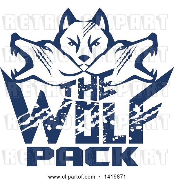 Vector Clip Art of Retro Blue Wolf Heads Facing Front and to the Sides over Text