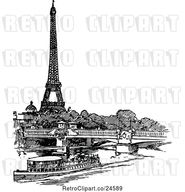 Vector Clip Art of Retro Boat Bridge and Eiffel Tower