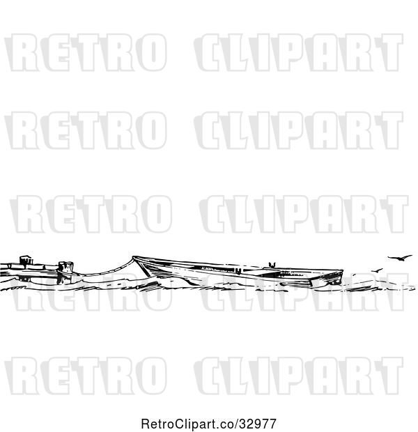 Vector Clip Art of Retro Boat Tied to a Dock, with Seagulls and Text Space
